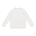 White Rebellion Against Sin Catholic crewneck sweatshirt, front with small chest cross, flat