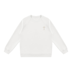 White Rebellion Against Sin Catholic crewneck sweatshirt, front with small chest cross, flat