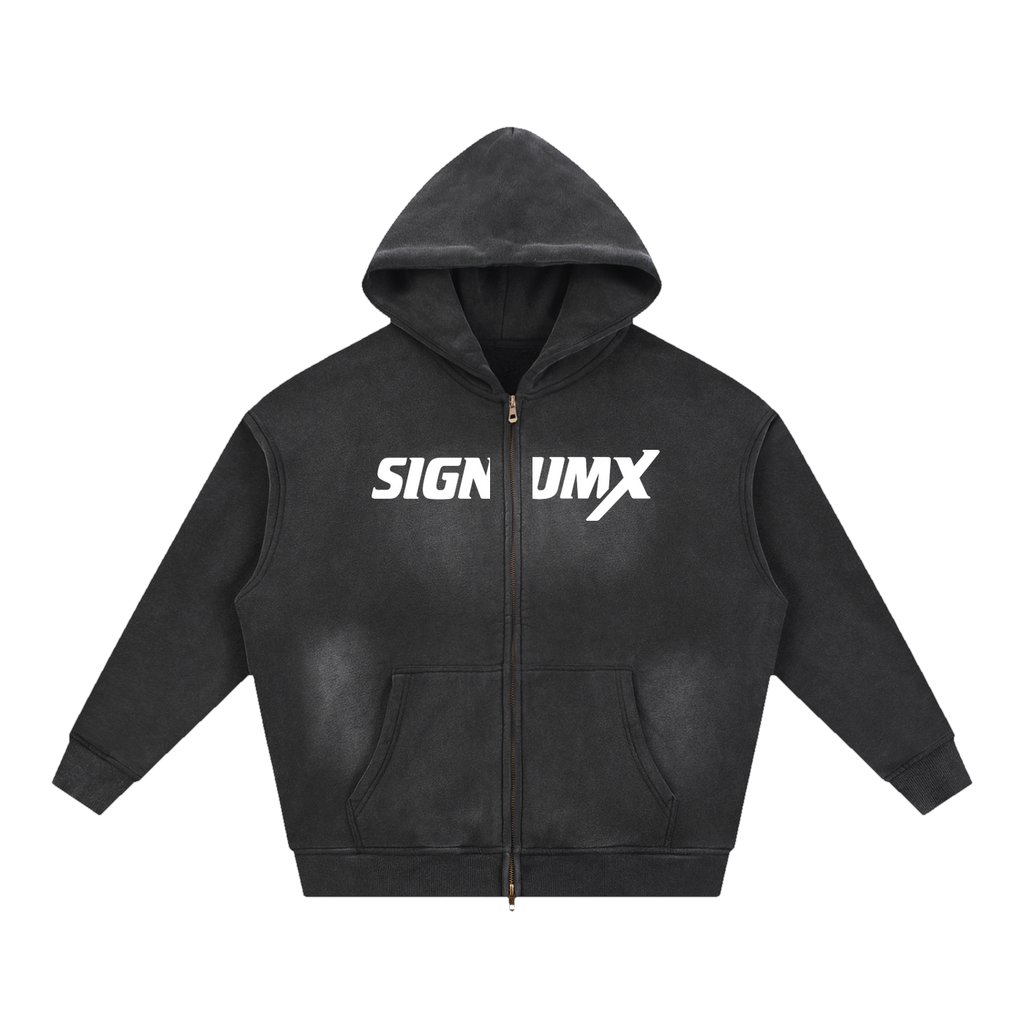Black washed SIGNUMX Catholic zip hoodie, white chest print, front