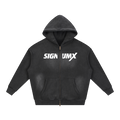 Black washed SIGNUMX Catholic zip hoodie, white chest print, front