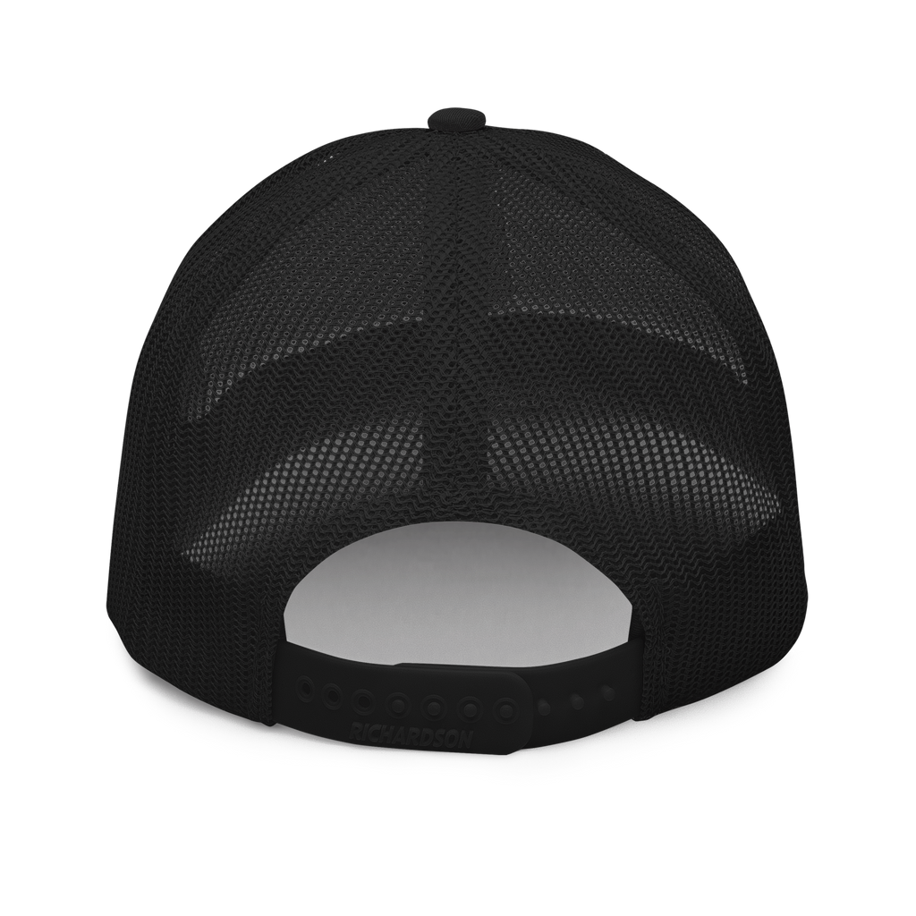 Black Amen trucker hat back, mesh panels and adjustable snapback