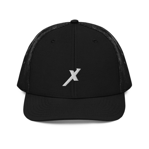 SIGNUMX Cross trucker hat, black – front, embroidered white X (Sign of the Cross)