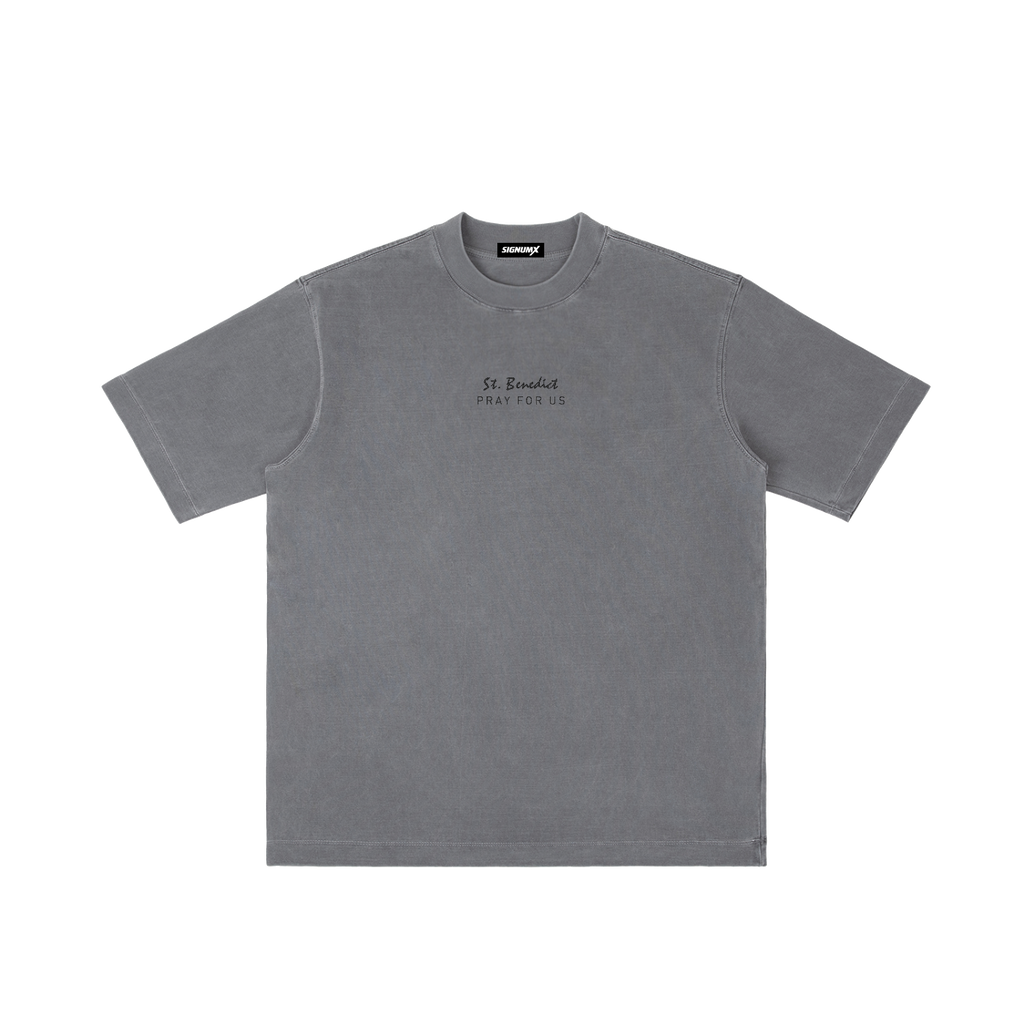St. Benedict | Pray for Us Embroidered Heavyweight Vintage Wash Drop-Shoulder Shirt in Gray - Front