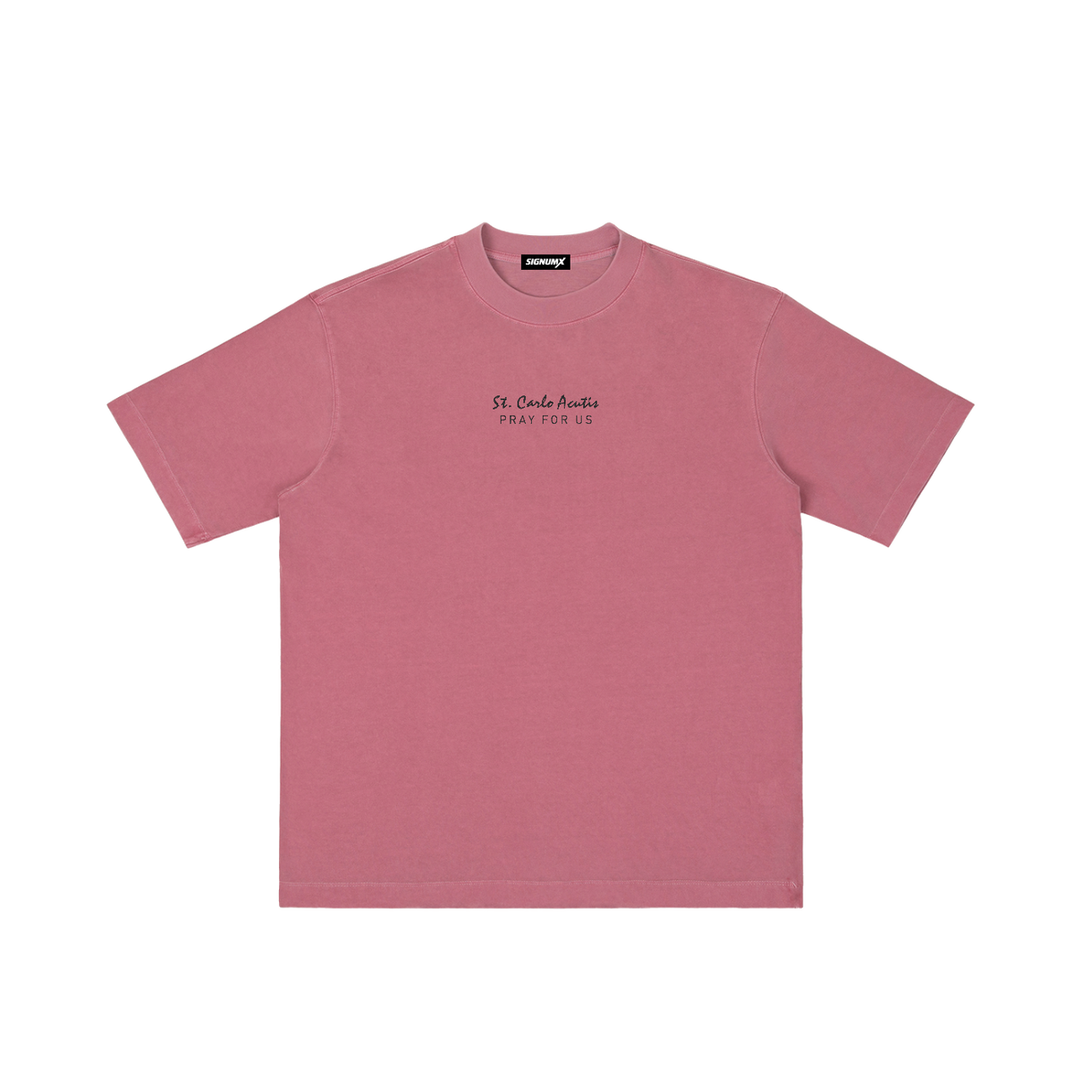 St. Carlo Acutis | Pray for Us Embroidered Heavyweight Vintage Wash Drop-Shoulder Shirt in Ancora Red - Front