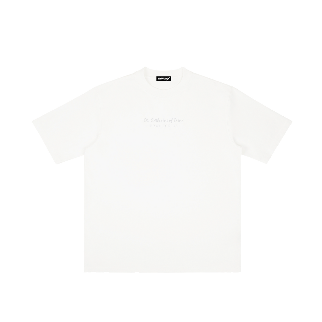 St. Catherine of Siena | Pray for Us Embroidered Heavyweight Vintage Wash Drop-Shoulder Shirt in White - Front