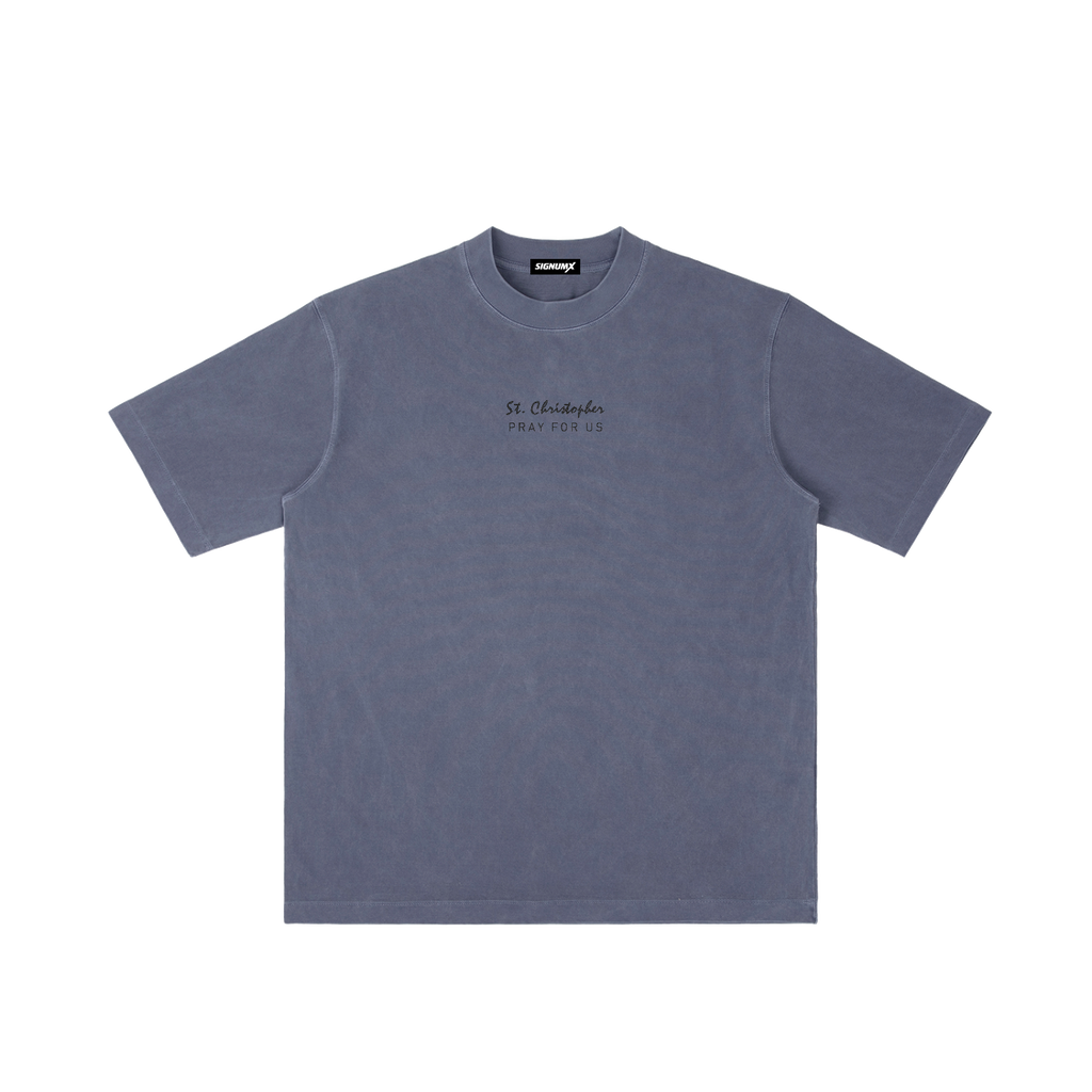 St. Christopher | Pray for Us Embroidered Heavyweight Vintage Wash Drop-Shoulder Shirt in Navy Blue - Front