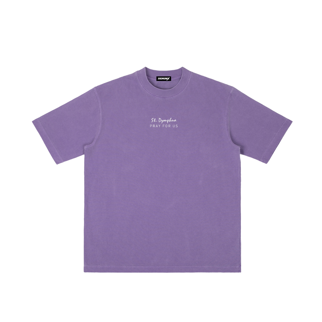 St. Dymphna | Pray for Us Embroidered Heavyweight Vintage Wash Drop-Shoulder Shirt in Purple - Front