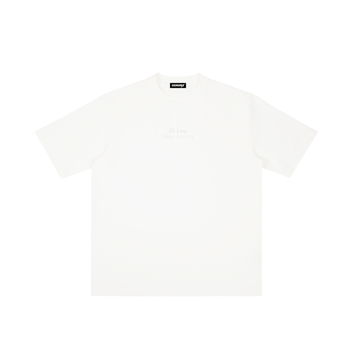 St. Lucy | Pray for Us Embroidered Heavyweight Vintage Wash Drop-Shoulder Shirt in White - Front