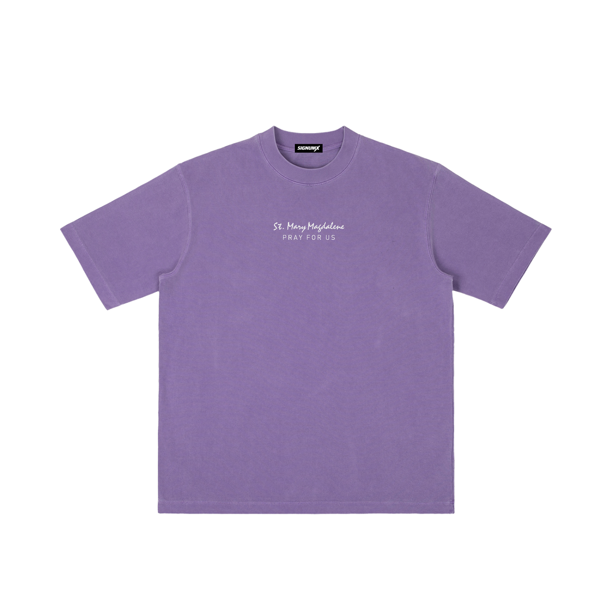 St. Mary Magdalene | Pray for Us Embroidered Heavyweight Vintage Wash Drop-Shoulder Shirt in Purple - Front