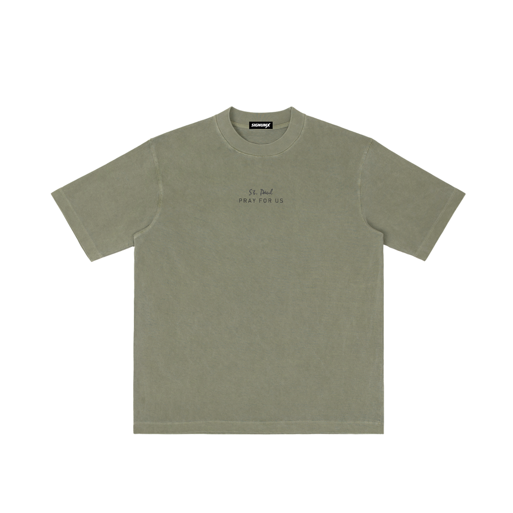 St. Paul | Pray for Us Embroidered Heavyweight Vintage Wash Drop-Shoulder Shirt in Army Green - Front