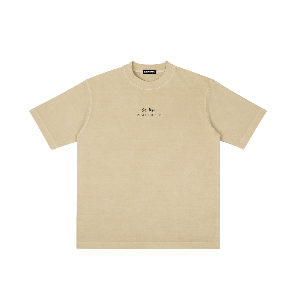 St. Peter | Pray for Us Embroidered Heavyweight Vintage Wash Drop-Shoulder Shirt in Khaki - Front