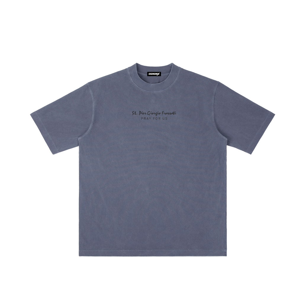 St. Pier Giorgio Frassati | Pray for Us Embroidered Heavyweight Vintage Wash Drop-Shoulder Shirt in Navy Blue - Front
