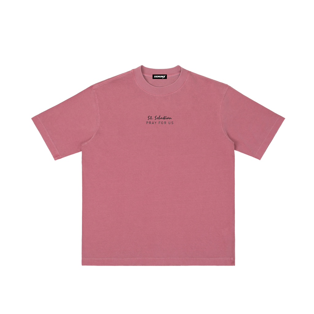 St. Sebastian | Pray for Us Embroidered Heavyweight Vintage Wash Drop-Shoulder Shirt in Ancora Red - Front