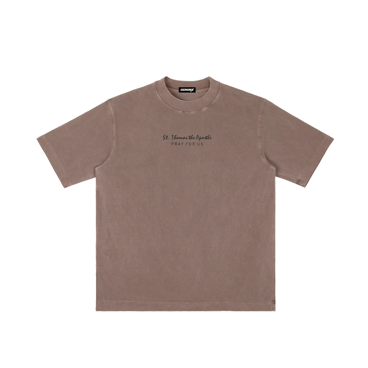 St. Thomas the Apostle | Pray for Us Embroidered Heavyweight Vintage Wash Drop-Shoulder Shirt in Coffee - Front