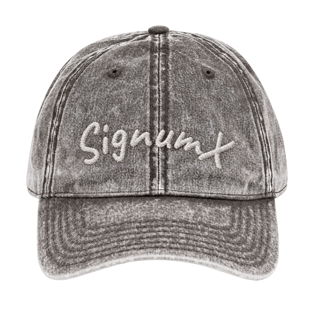 Women's SIGNUMX dad hat in charcoal grey vintage wash, front with white embroidered SignumX script